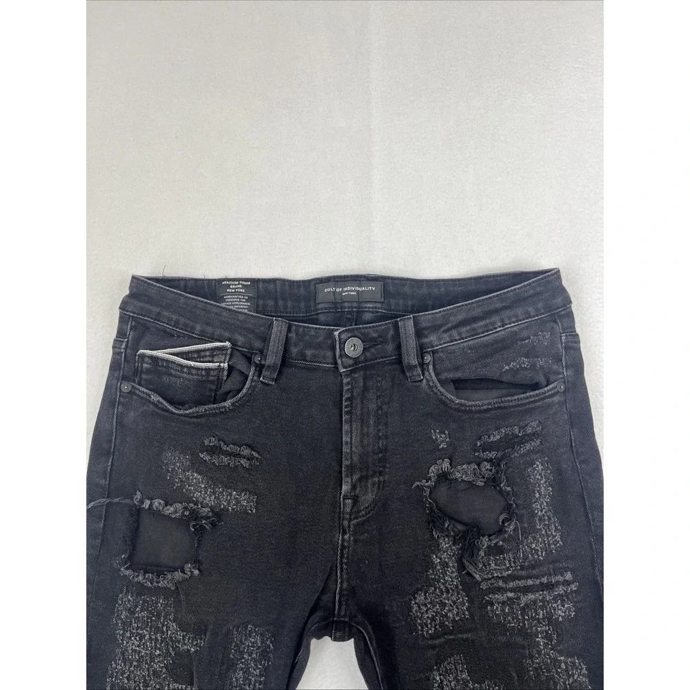 Cult of Individuality Mens 35x30 Black Punk Super Skinny Distressed Jeans